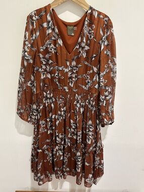 Taylor Rust Brown Floral Long Sleeve Dress